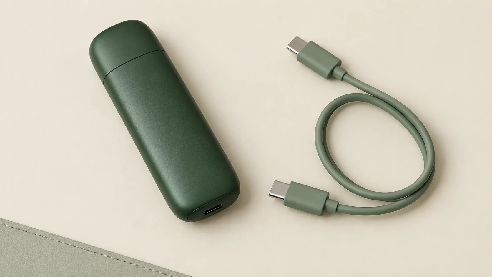 Geschlossenes grünes Podgerät neben einem vollständig getrennten, lose aufgewickelten USB-C-Kabel auf einer cremefarbenen Arbeitsfläche.