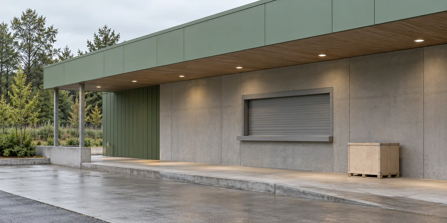 Neutrales flaches Gebäude mit grünem Vordach, geschlossenem Annahmefenster und einer unbeschrifteten Transportkiste.
