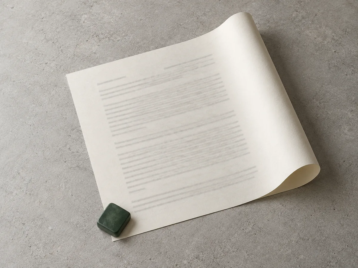 Einzelne lose Berichtsseite mit halb aufgerolltem Rand und völlig unlesbarer Satzstruktur; ein kleines grünes Papiergewicht hält die flache Ecke.