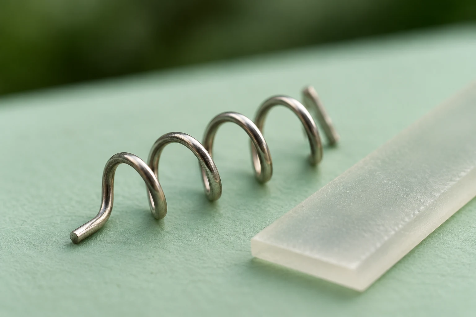 Makroaufnahme einer losen Metallspirale neben einem milchig durchscheinenden Materialstreifen auf mintfarbenem Grund