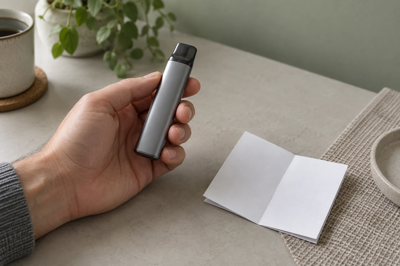 Eine erwachsene Hand hält ein geschlossenes, unbedrucktes Pod-Gerät neben einem separaten leeren Faltblatt auf einem hellen Tisch
