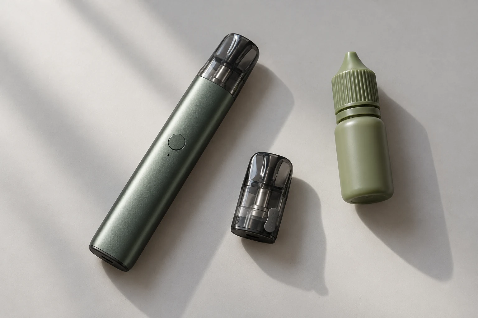 Draufsicht auf ein geschlossenes symbolisches Podgerät, einen separaten Ersatzpod mit geschlossenem Seitenverschluss und eine verschlossene unbedruckte Flasche
