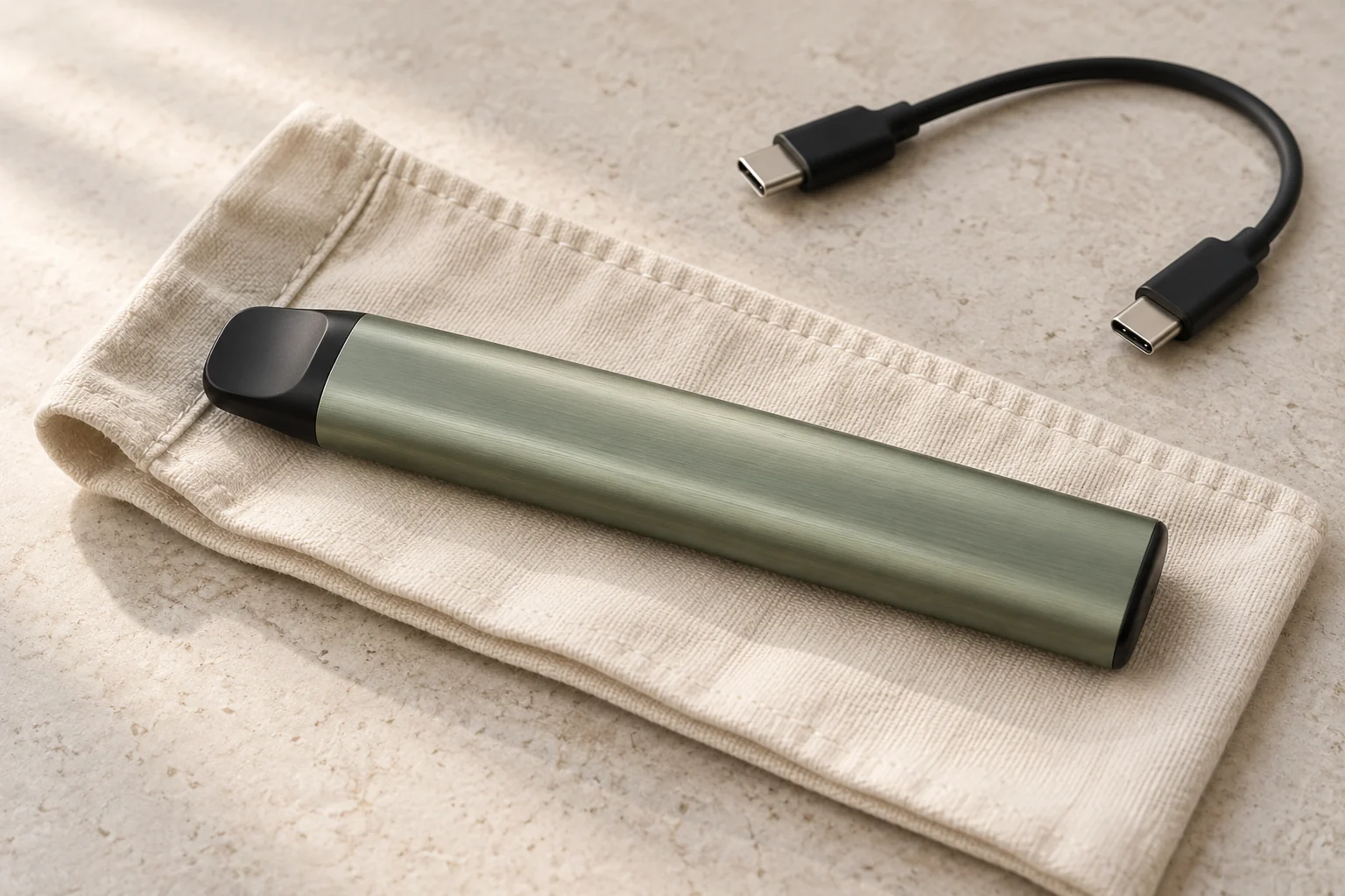 KI-Symbolmodell eines grünen Podgeräts auf einer Stoffhülle neben einem unverbundenen USB-C-Kabel.