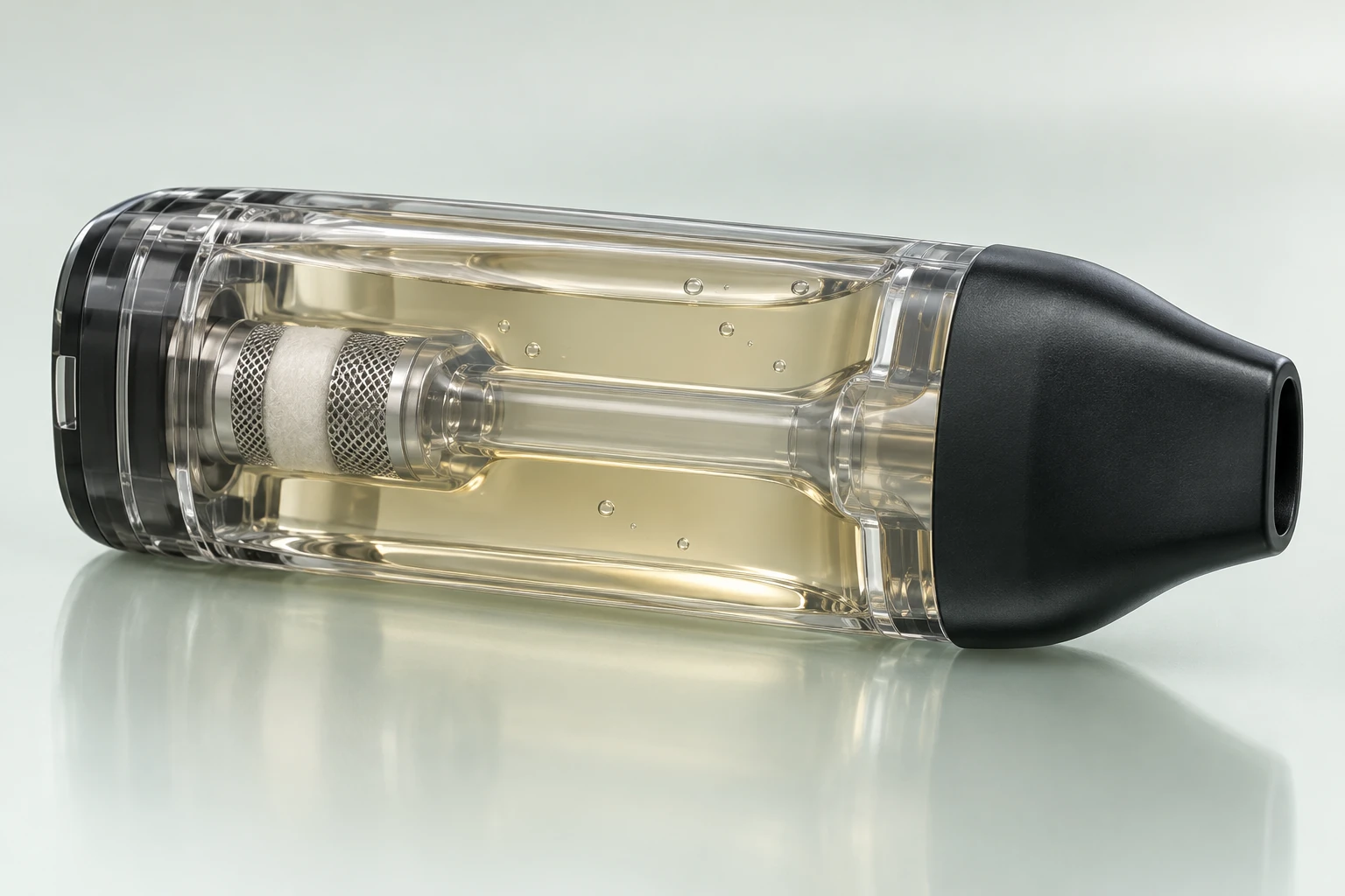 Vereinfachtes transparentes Modell eines geschlossenen Pods mit umgebendem Flüssigkeitsvorrat, zentralem Luftweg und integrierter Mesh-Heizeinheit