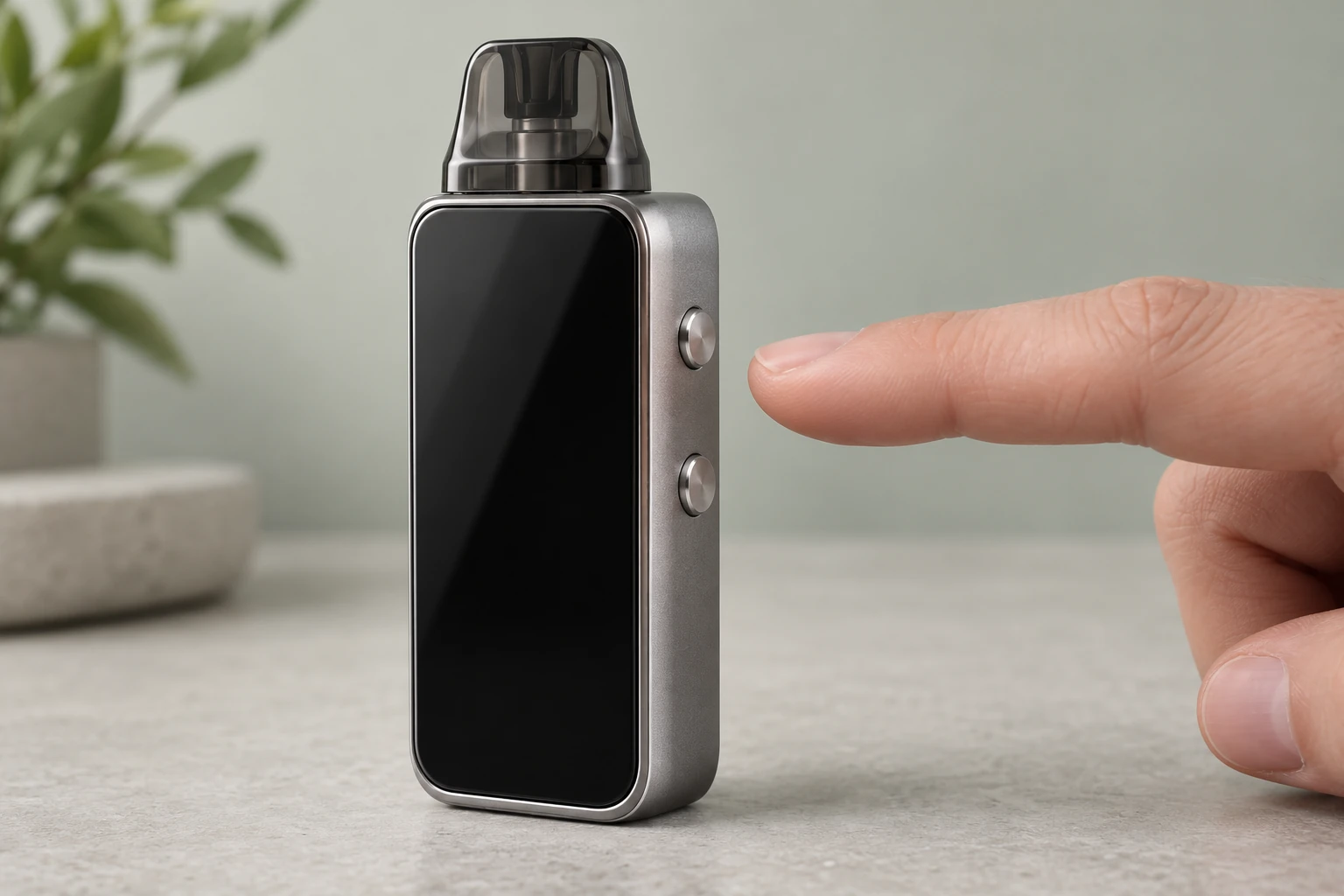 Vereinfachtes KI-Modell mit blankem Frontdisplay, zwei getrennten seitlichen Tasten und einem darauf deutenden Finger