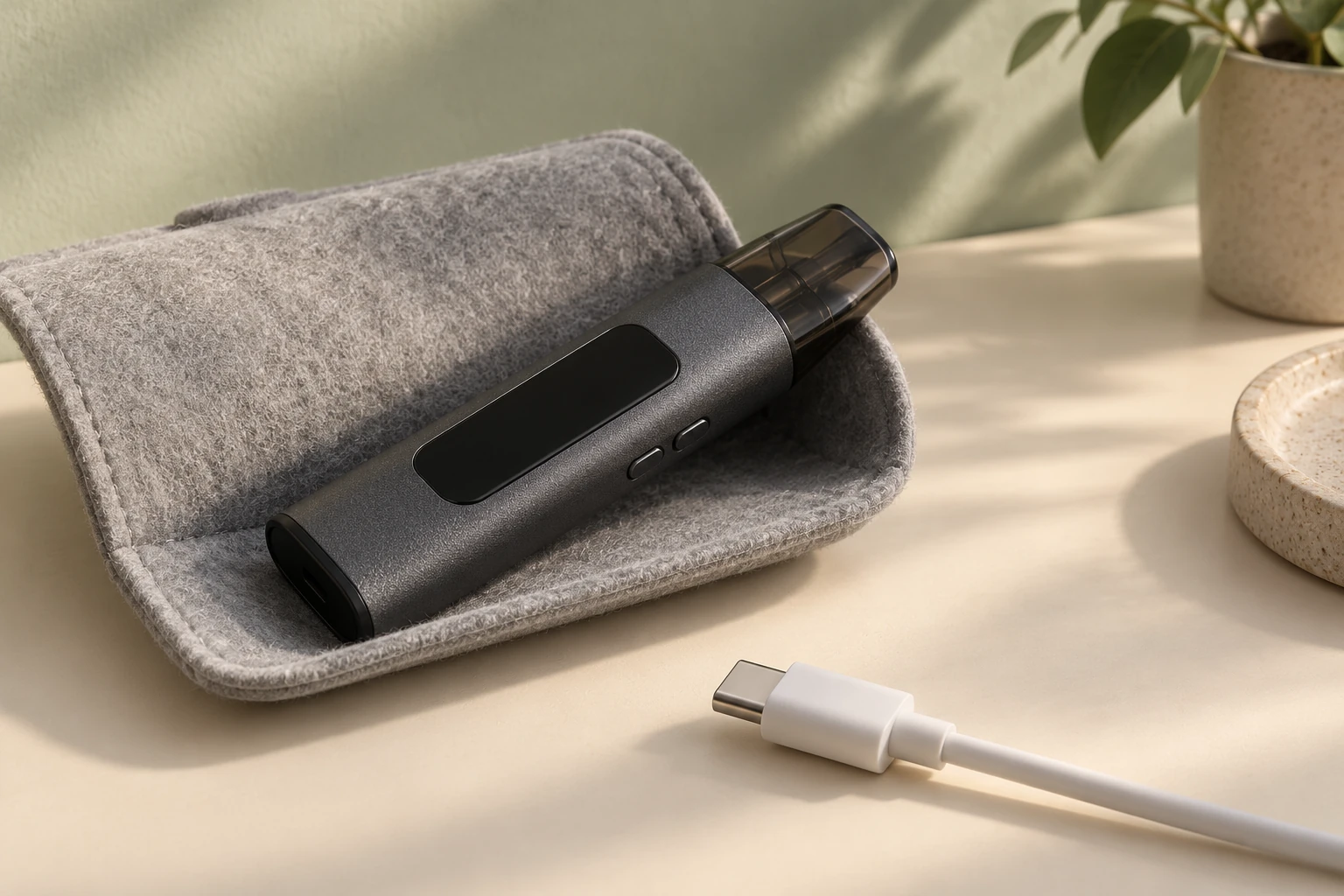 Symbolisches geschlossenes Pod-Gerät in einer Filzhülle neben einem getrennt liegenden USB-C-Stecker