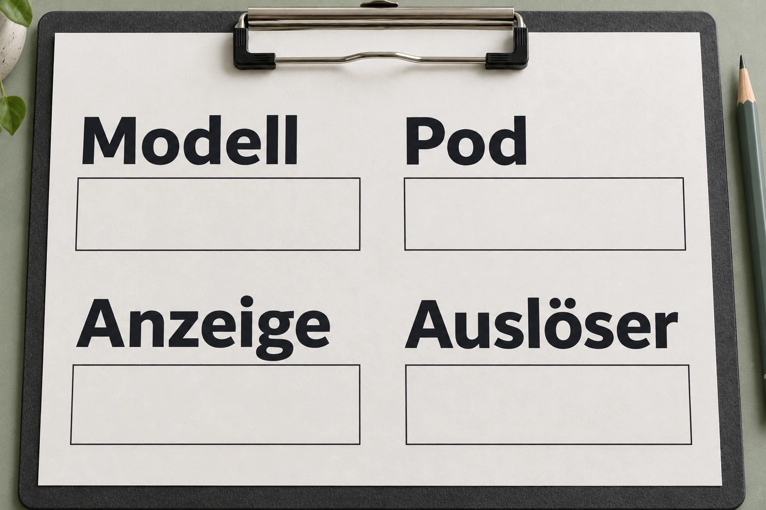 Symbolischer Beobachtungsbogen auf einem Klemmbrett mit vier leeren Feldern für Modell, Pod, Anzeige und Auslöser