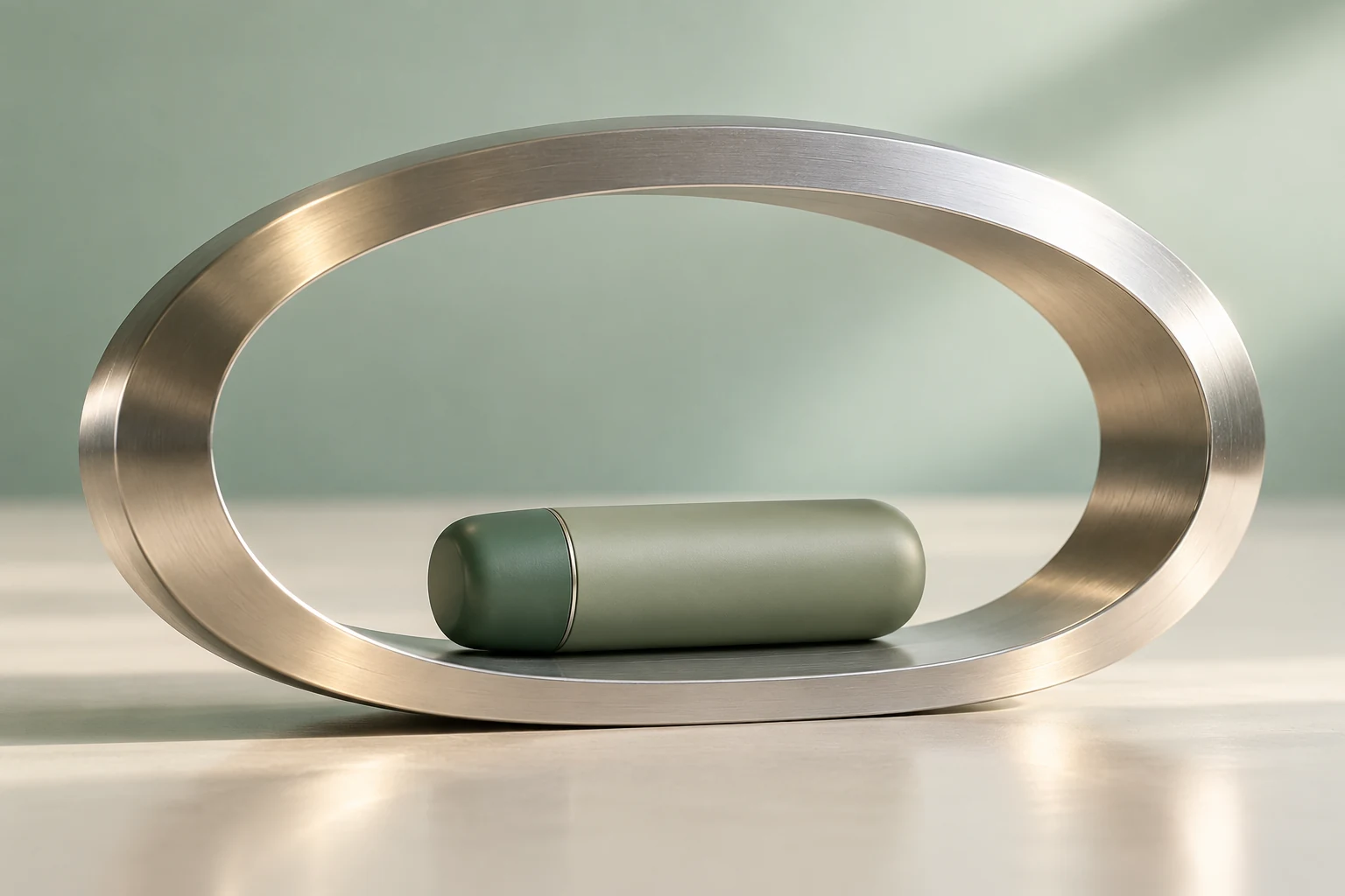 Eine kleine geschlossene grüne Symbolkartusche liegt im offenen Raum einer großen elliptischen Metallform.
