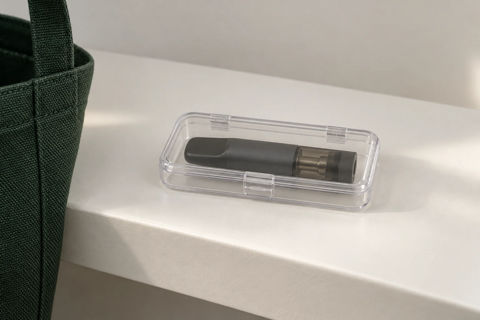 Eine geschlossene Symbolkartusche liegt separat in einer kleinen transparenten Transporthülle auf einer weißen Ablage.