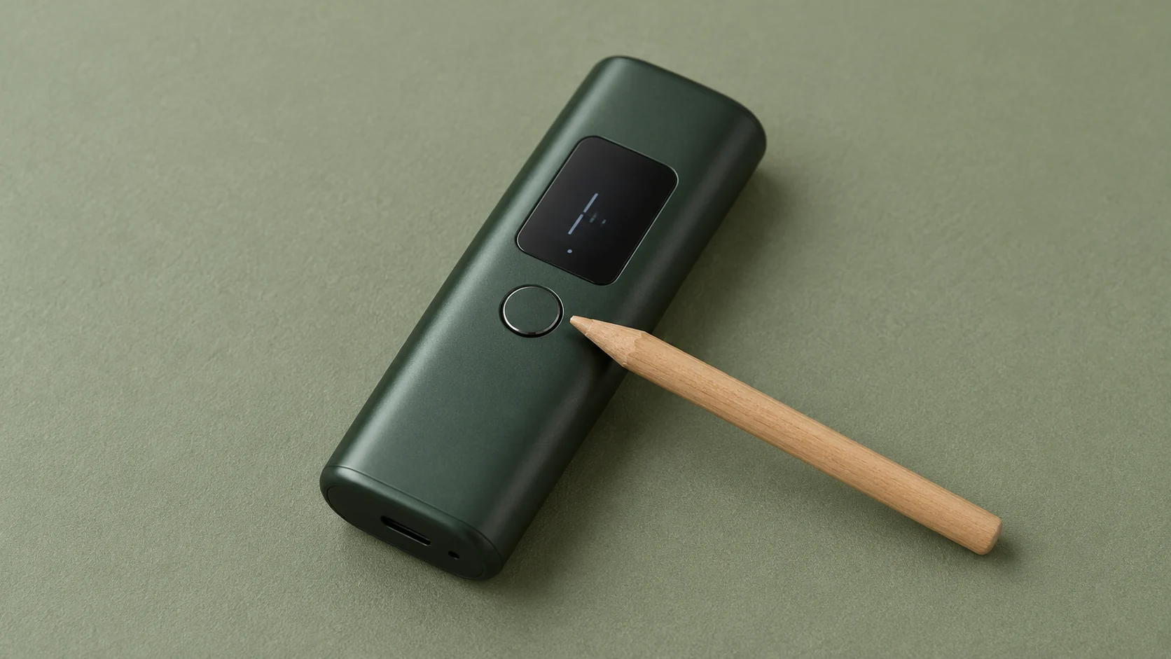 Generisches kompaktes grünes Gerät mit abstraktem Display und runder Bedientaste; ein hölzerner Zeigestift weist auf die Taste.