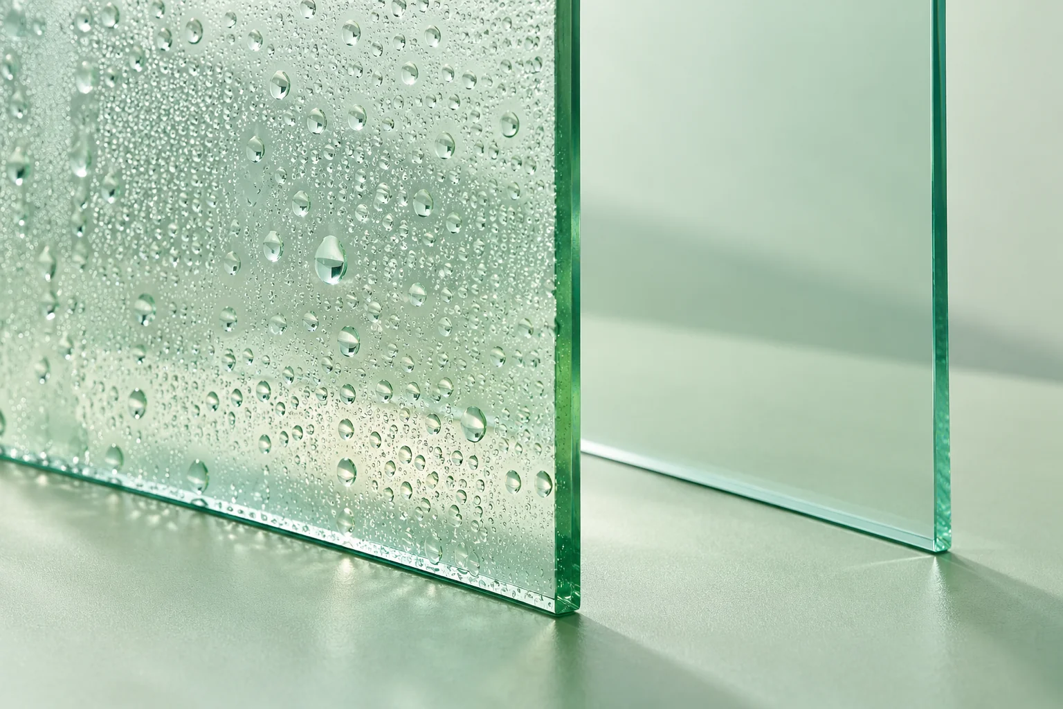 KI-Symbolmotiv mit zwei transparenten Glasscheiben, eine mit Tropfen und eine trocken; keine reale Messung.