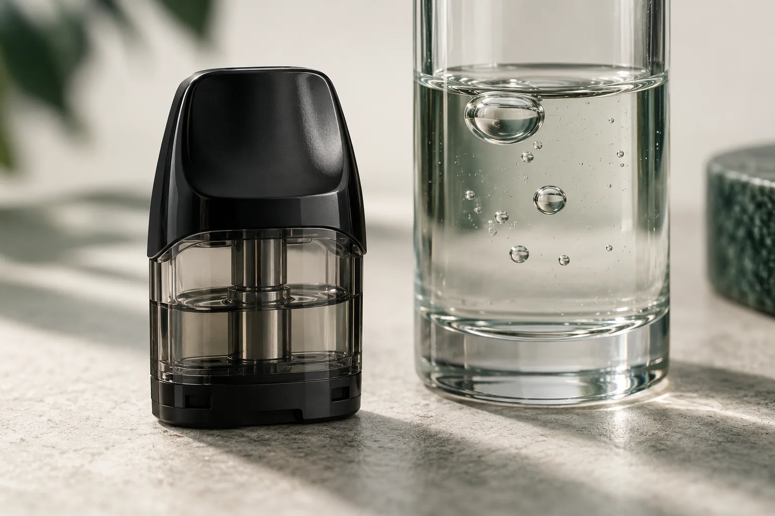 Geschlossener generischer Pod neben einem Glaszylinder mit sichtbaren Luftblasen als symbolisches Geräuschmotiv.