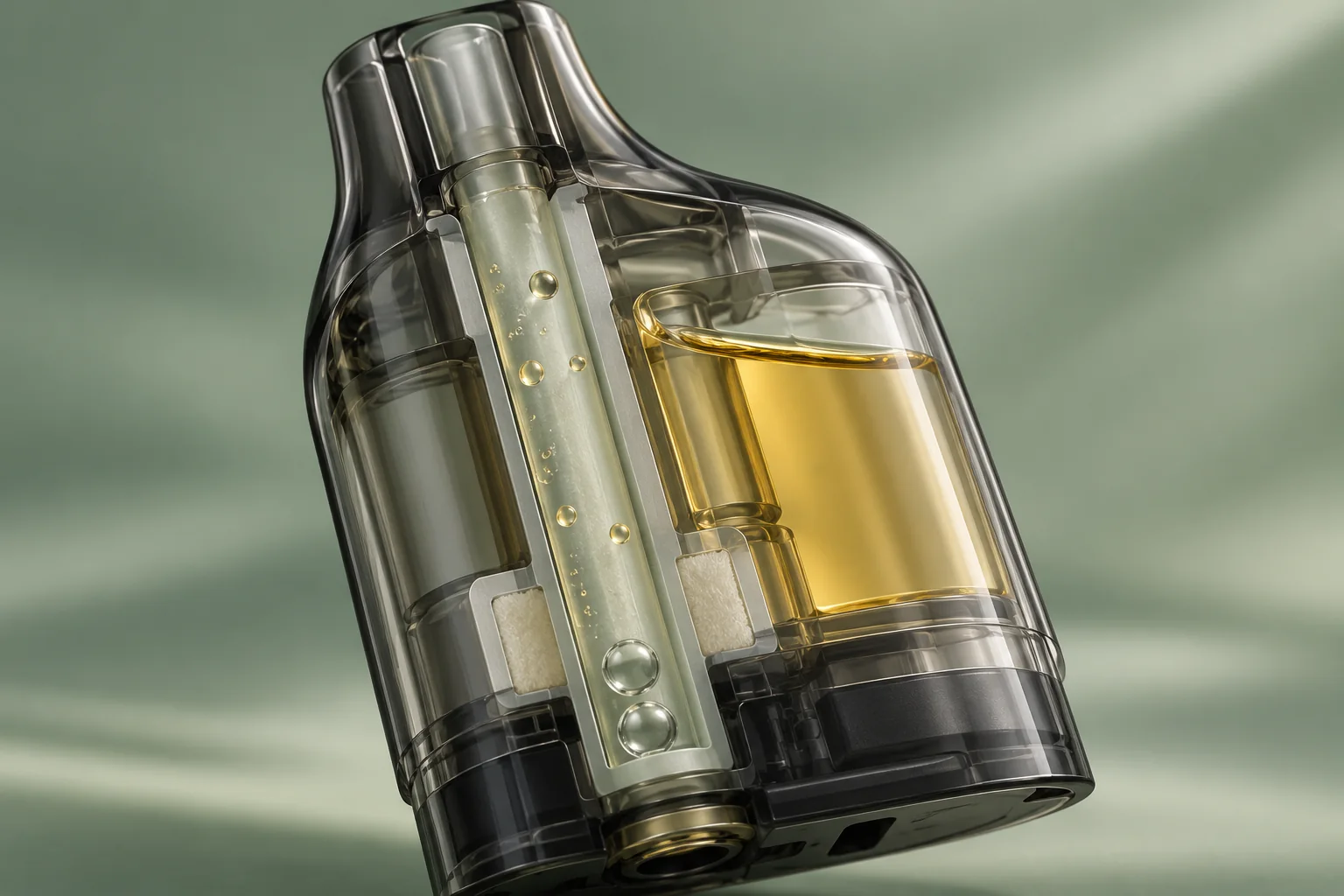Symbolische transparente Pod-Schnittansicht mit Tröpfchen und Luftblasen im zentralen Luftkanal neben dem Liquidbehälter.