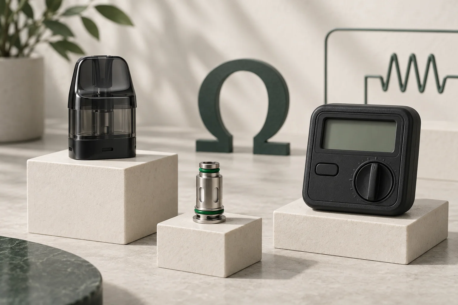 Generischer Pod und separates Heizelement neben einem ausgeschalteten Messgerät und einem großen Ohm-Symbol; keine Messanleitung.