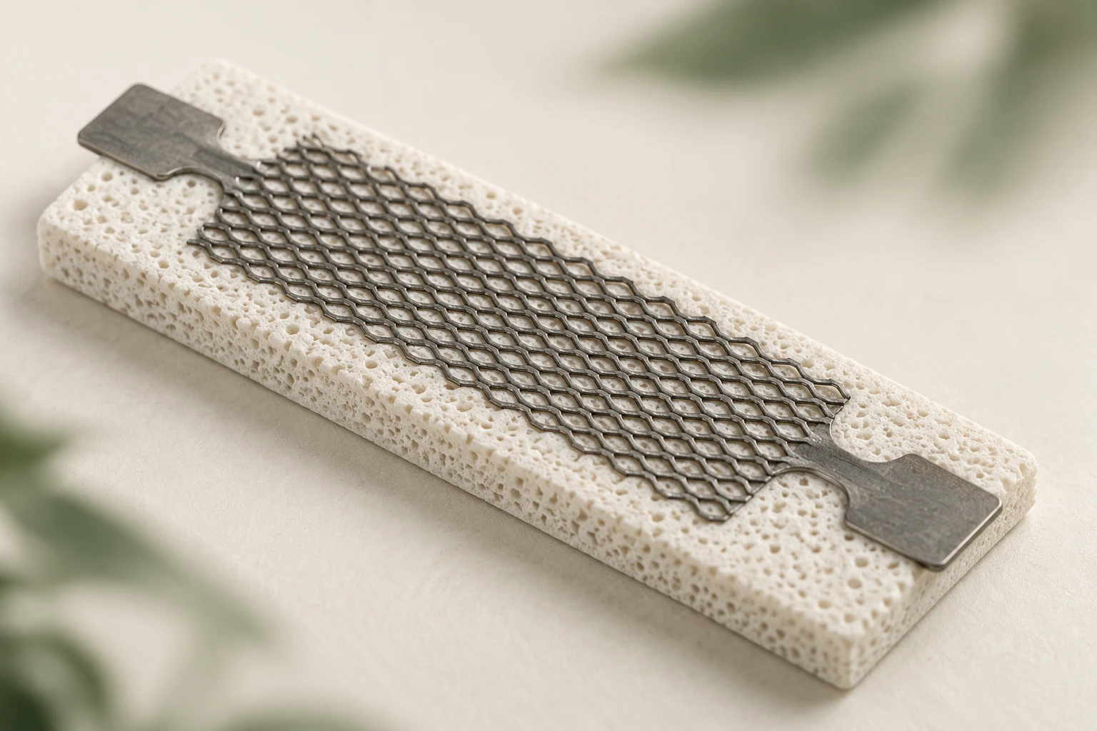 Symbolisches Makro eines flachen metallischen Mesh-Heizelements auf einer porösen keramischen Unterlage.