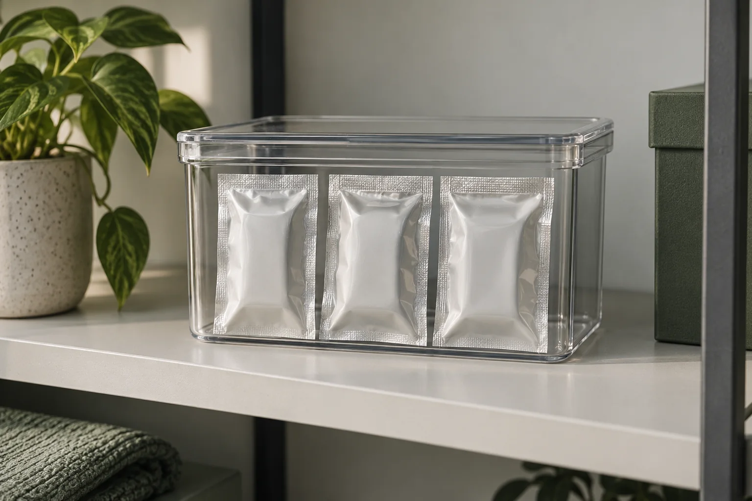 Unbeschriftete, einzeln versiegelte Podpackungen in einer geschlossenen transparenten Aufbewahrungsbox.