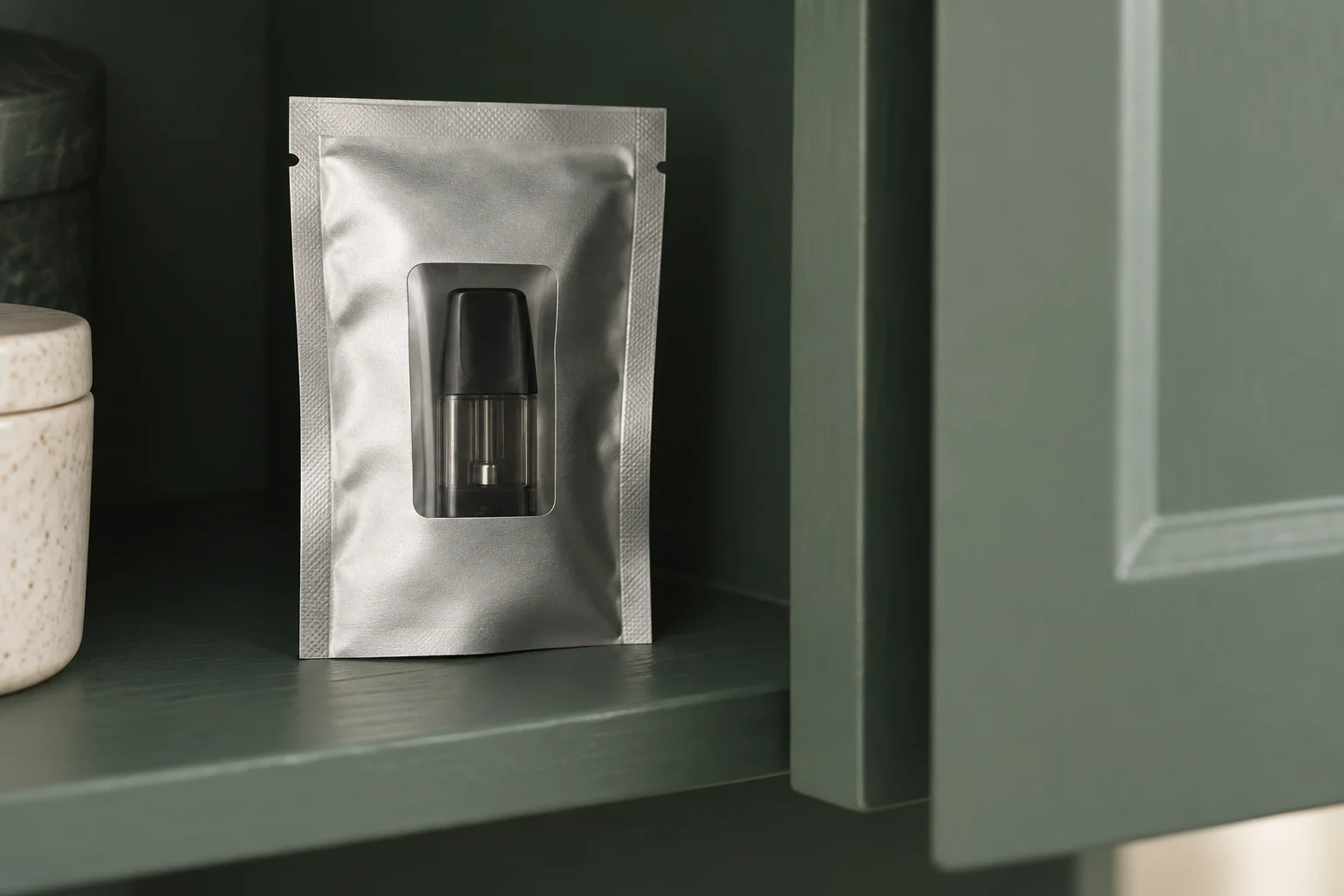 Symbolischer einzeln versiegelter Pod in einer Folienpackung im schattigen Regalfach.