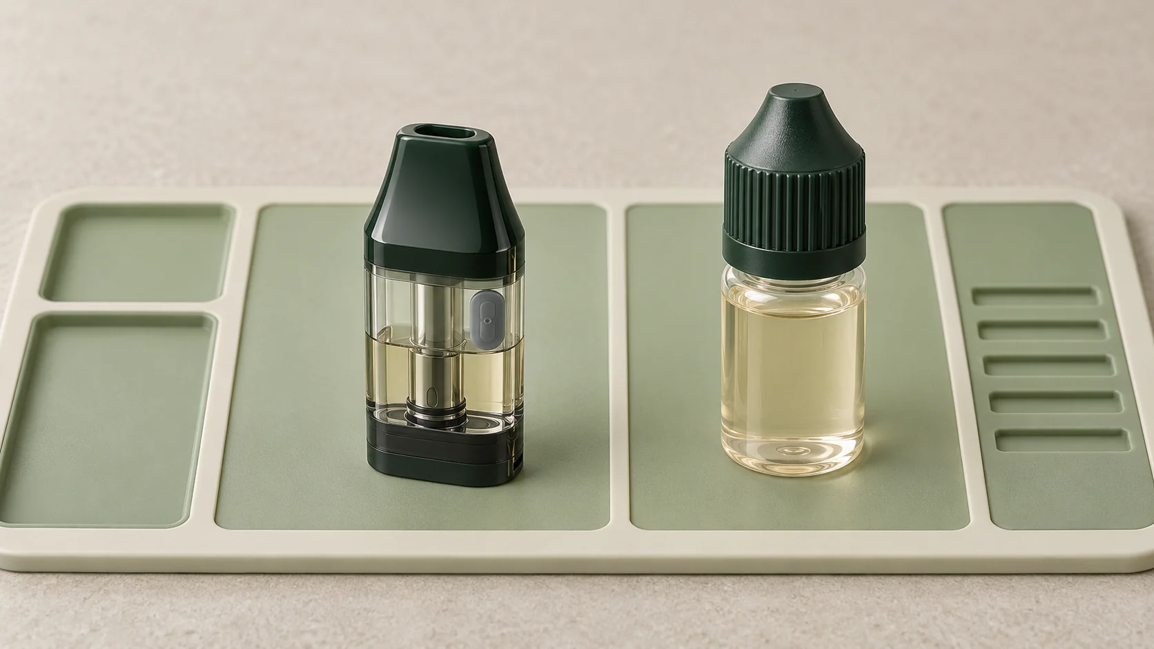 Generischer transparenter Pod mit geschlossenem seitlichem Füllverschluss neben einer verschlossenen Liquidflasche auf einer segmentierten salbeigrünen Arbeitsmatte.