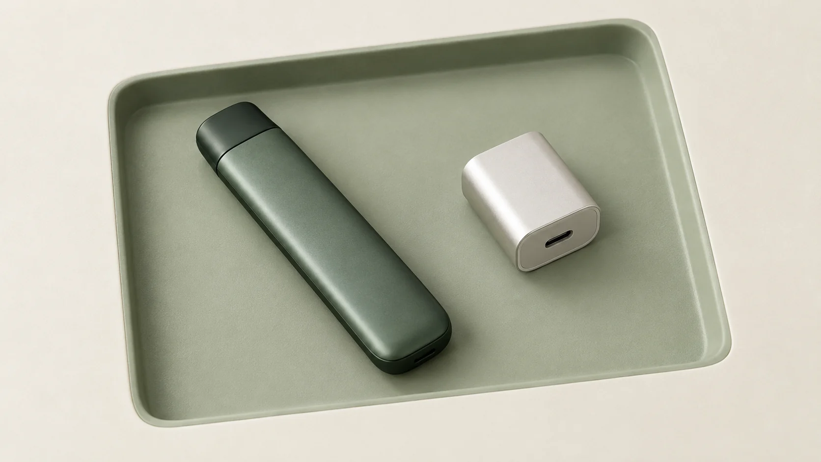 Geschlossenes generisches grünes Podgerät in einer flachen salbeifarbenen Mulde neben einem unverbundenen, unbeschrifteten Ladeadapter mit USB-C-Anschluss.