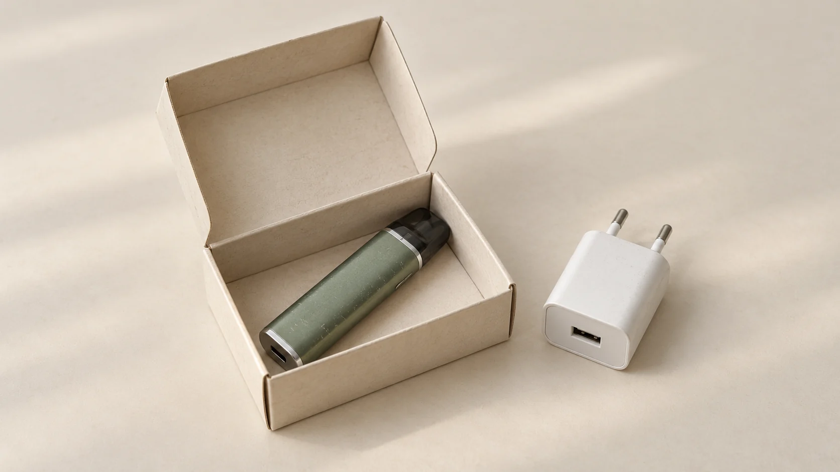 Gebrauchtes geschlossenes Podgerät in einer offenen neutralen Rückgabeschachtel, daneben ein älterer geschlossener USB-Adapter.