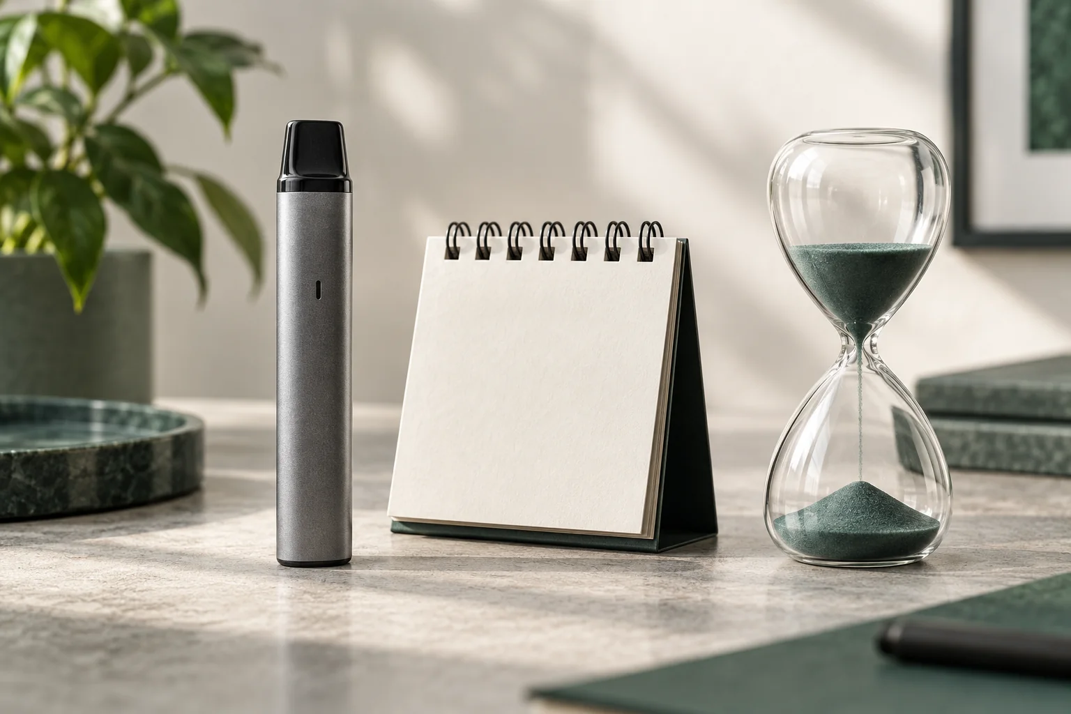 Geschlossenes generisches Gerät neben einem unbeschrifteten Tischkalender und einer Sanduhr als symbolisches Motiv zur Alterung.