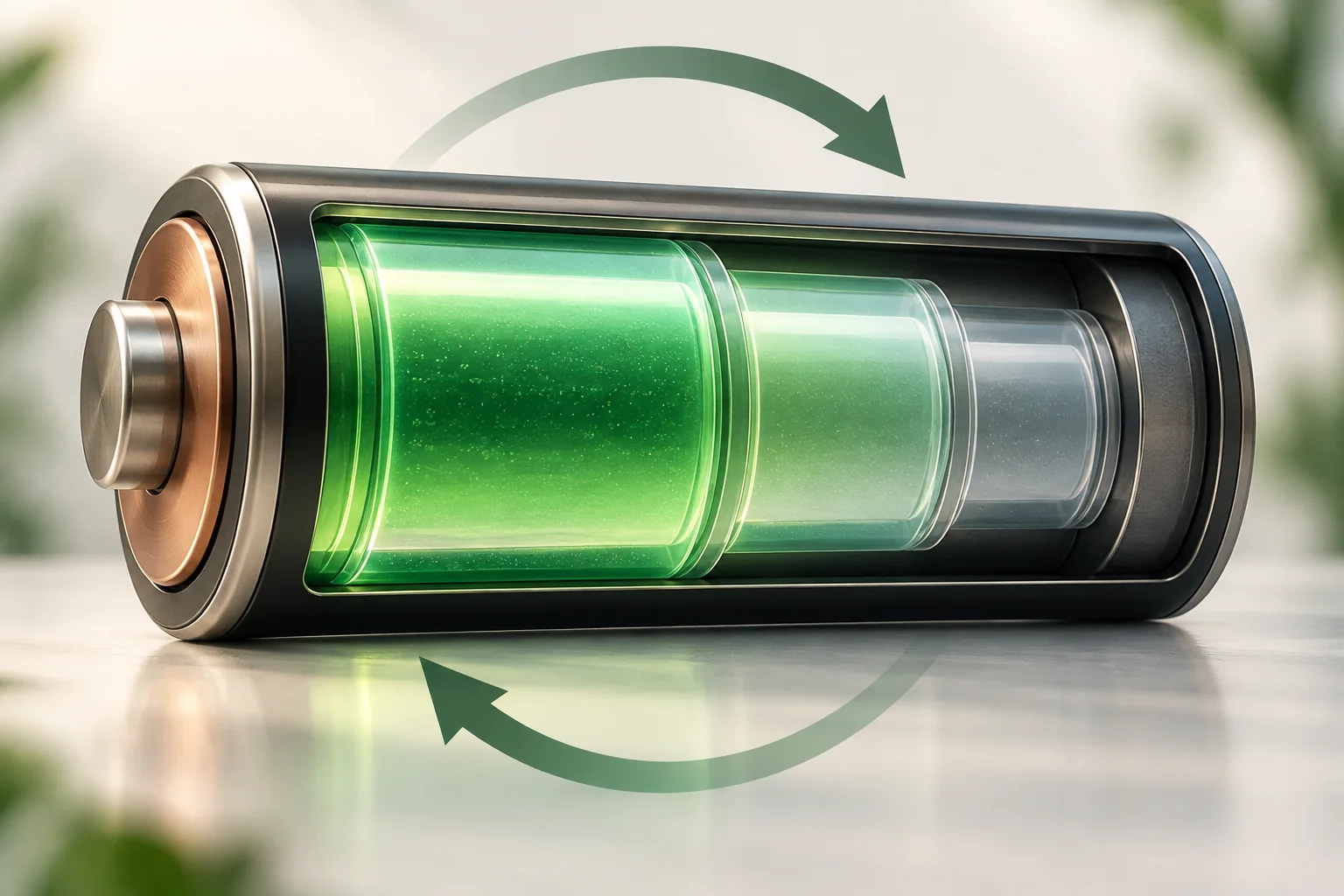 Symbolische Akku-Modellansicht mit unterschiedlich gefüllten Energiekammern und einer Schleife für wiederholte Zyklen.