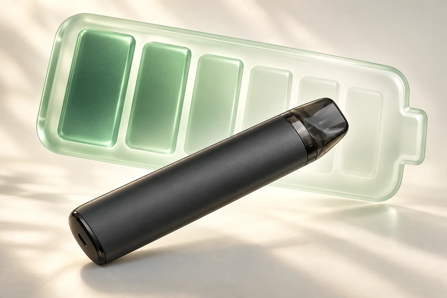 Intaktes generisches Gerät vor einer abstrakten transparenten Batteriesilhouette mit verblassenden grünen Blöcken.