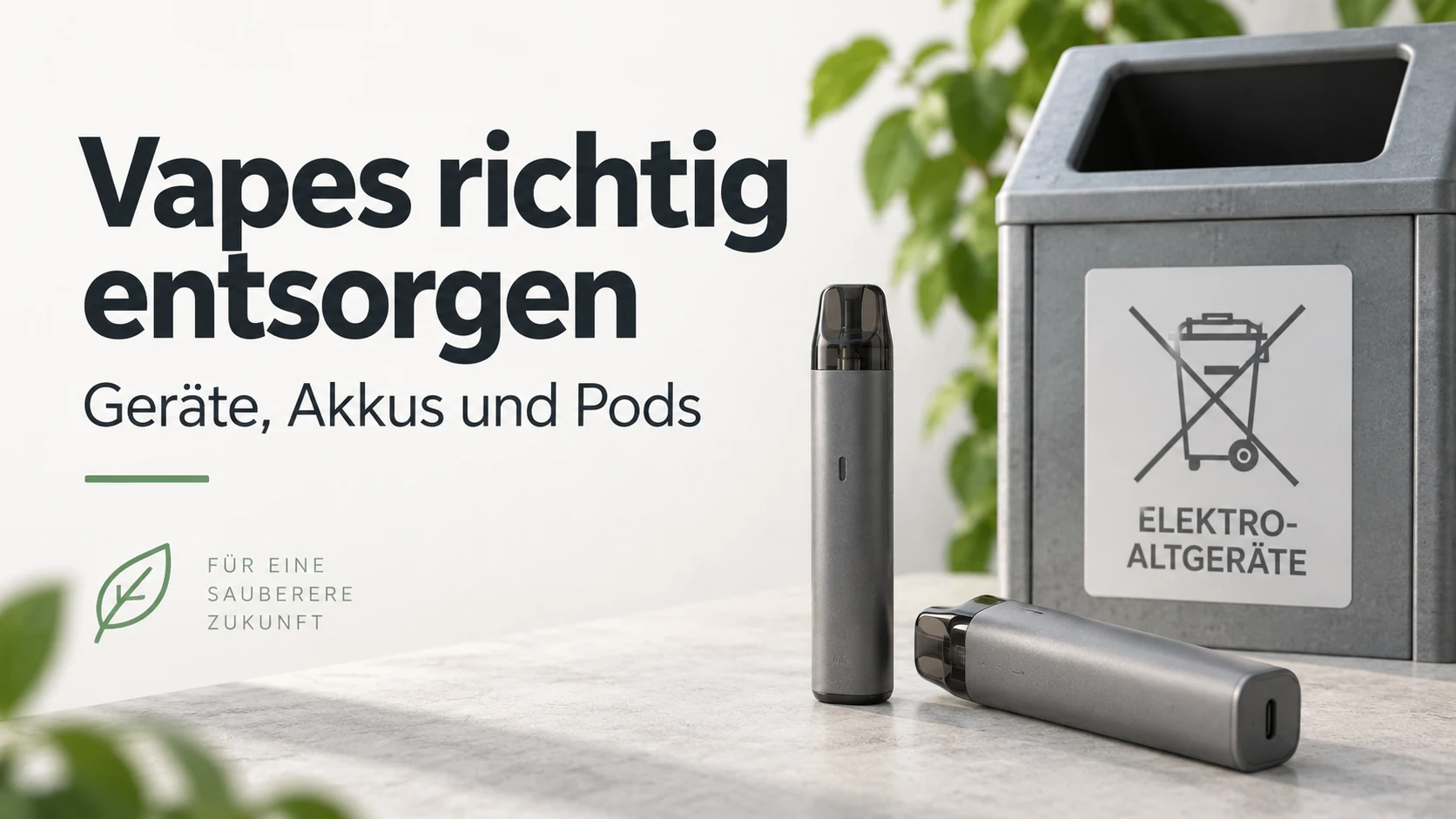 Zwei unmarkierte E-Zigaretten neben einem Behälter für Elektroaltgeräte; Überschrift Vapes richtig entsorgen