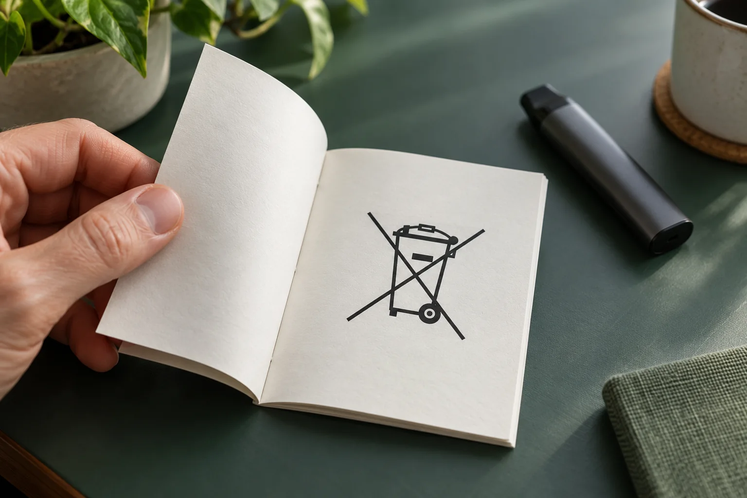 Erwachsene Hand blättert eine unbeschriftete Anleitung auf; auf der sichtbaren Seite steht ein symbolisches durchgestrichenes Mülltonnenzeichen.