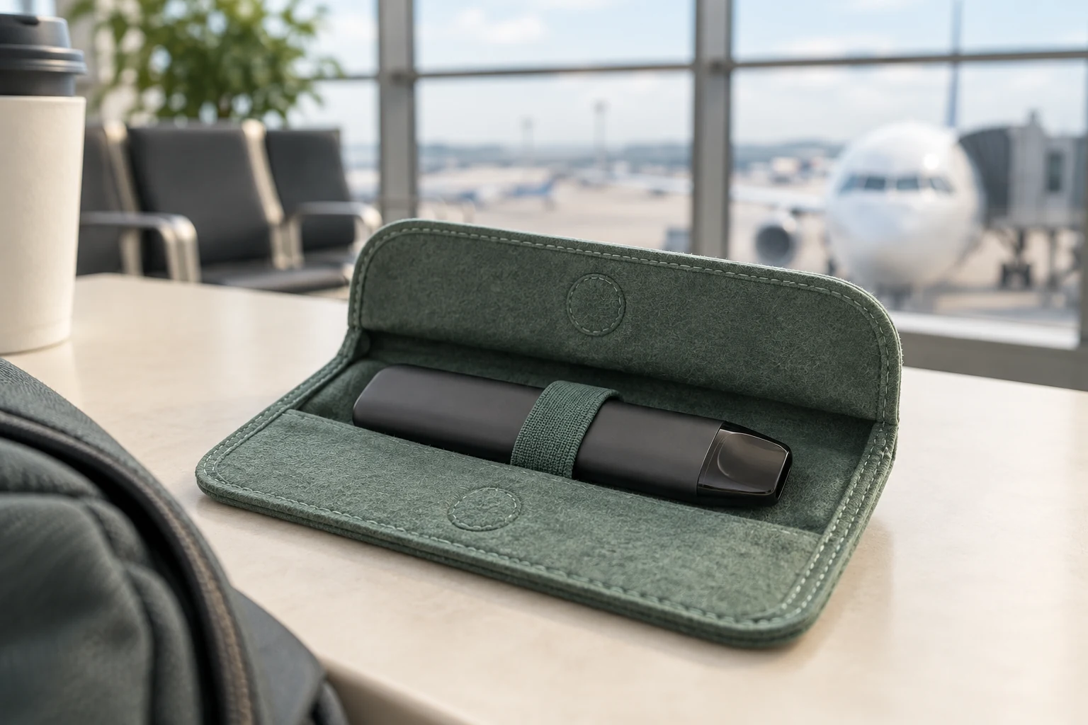 Symbolisches unverbundenes Pod-Gerät in einer Filz-Pouch auf einem Flughafentisch vor einem Flugzeug.