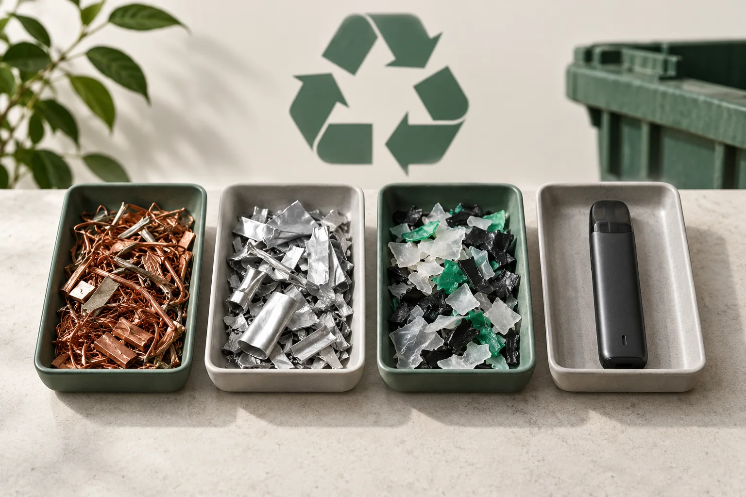 Getrennte Schalen mit symbolischen Materialfraktionen und einem vollständigen generischen Gerät; ein Recyclingzeichen steht im Hintergrund.