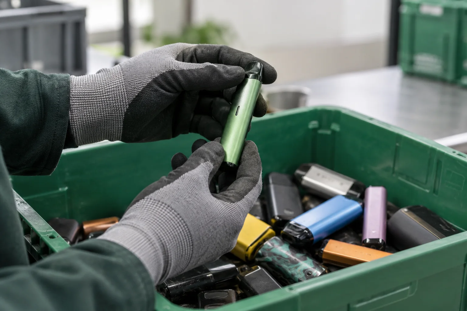 Symbolische professionelle Sortierszene: behandschuhte erwachsene Hände halten ein geschlossenes Altgerät über einer Elektronik-Transportkiste.