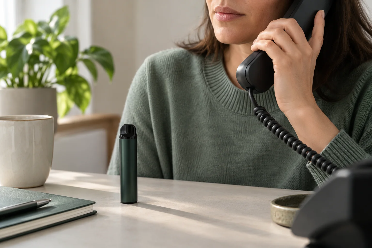 Erwachsene Hand hält einen Telefonhörer neben einem geschlossenen generischen Gerät auf einer neutralen Arbeitsfläche.
