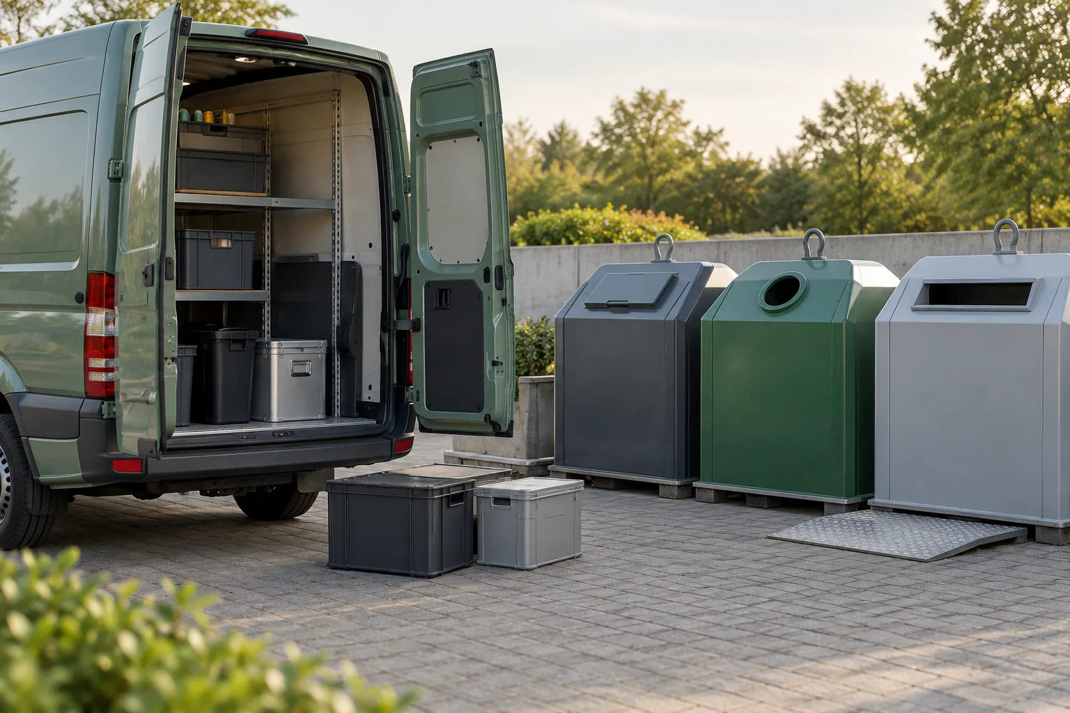 Unbeschrifteter grüner Sammeltransporter mit offenem Heck und separaten Behältern; symbolischer Ort ohne Aussage zur tatsächlichen Annahme.