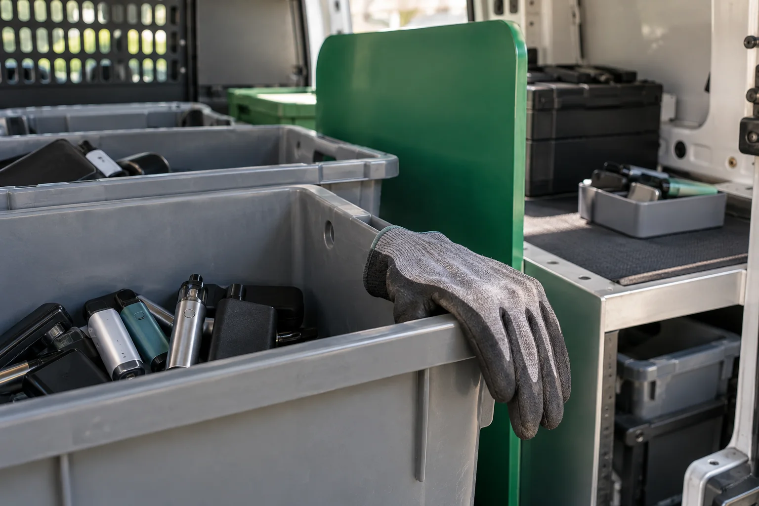 Symbolischer Innenraum eines mobilen Sammelfahrzeugs mit Transportbehältern, geschlossenen Elektronikgegenständen und abgelegten Arbeitshandschuhen.