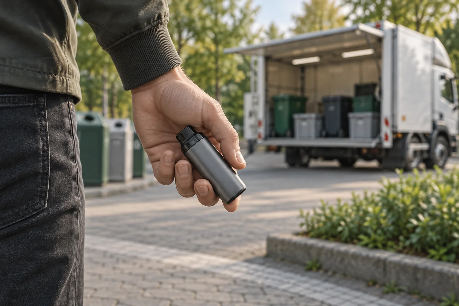 Erwachsene Hand mit geschlossenem generischem Gerät vor einem unscharfen mobilen Sammelfahrzeug; die Annahme ist nicht dargestellt.