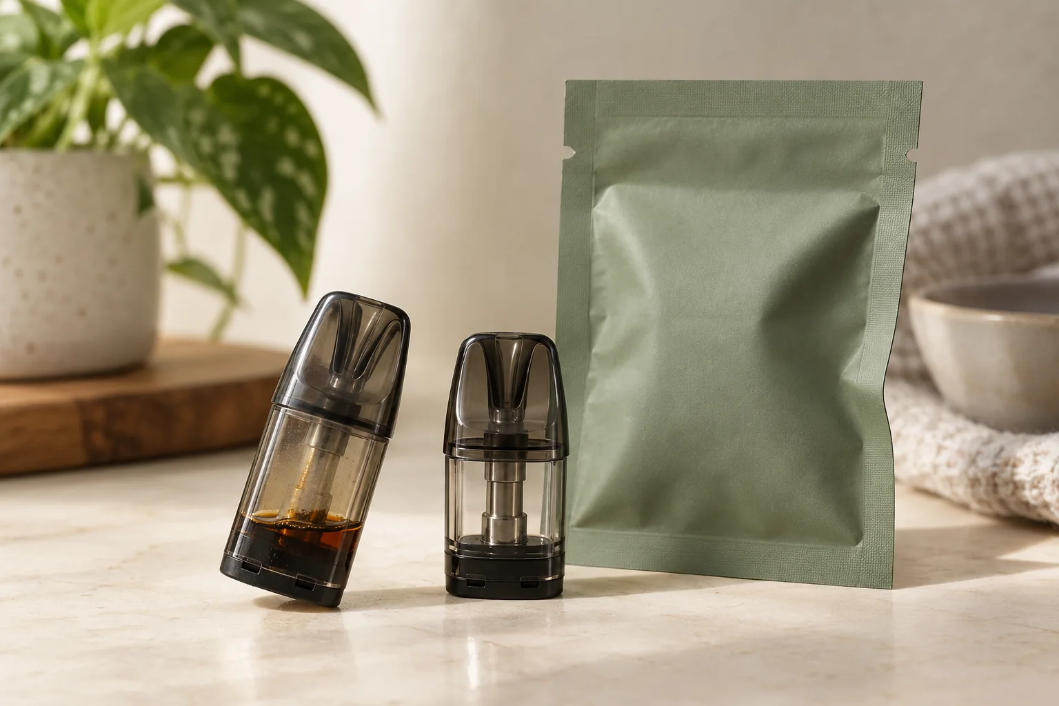 Zwei geschlossene Pods mit unterschiedlichem Füllzustand neben einem neutralen grünen Ersatzbeutel.