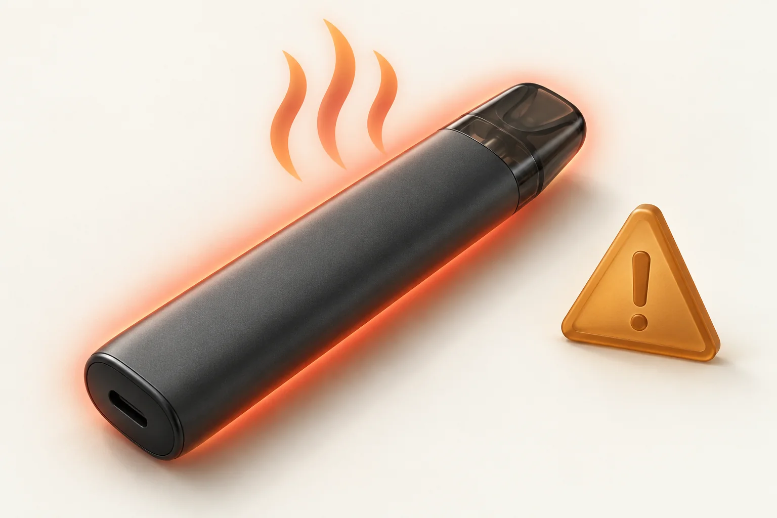 Intaktes Gerät mit einem symbolischen orangefarbenen Wärmehalo, Wärmewellen und einem Warnzeichen.