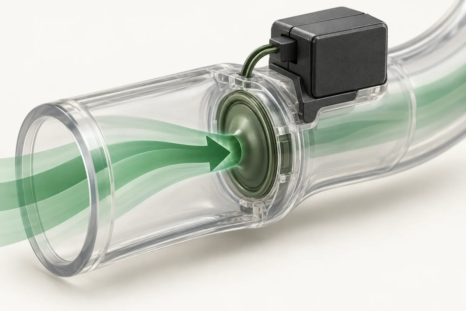 Symbolischer Drucksensor mit grüner Membran und Steuerungsmodul an einem transparenten Luftkanal.
