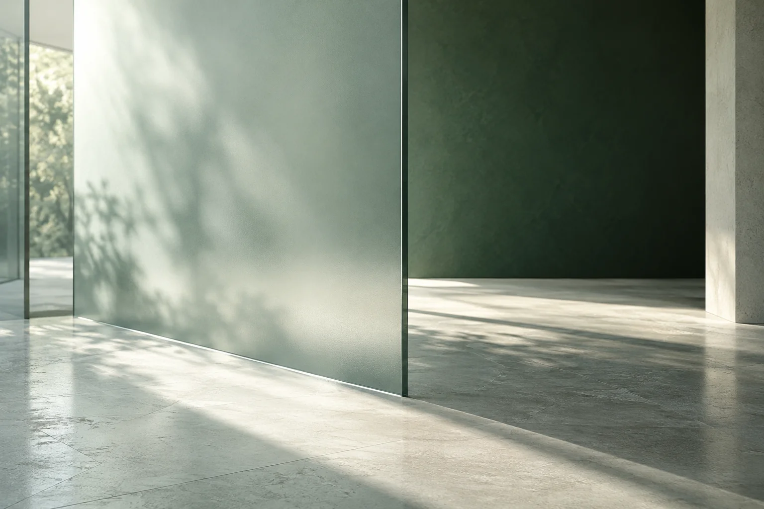 Matte raumhohe Glas-Trennwand in einem leeren hellen Raum vor einer waldgrünen Wand mit diffusem Tageslicht.