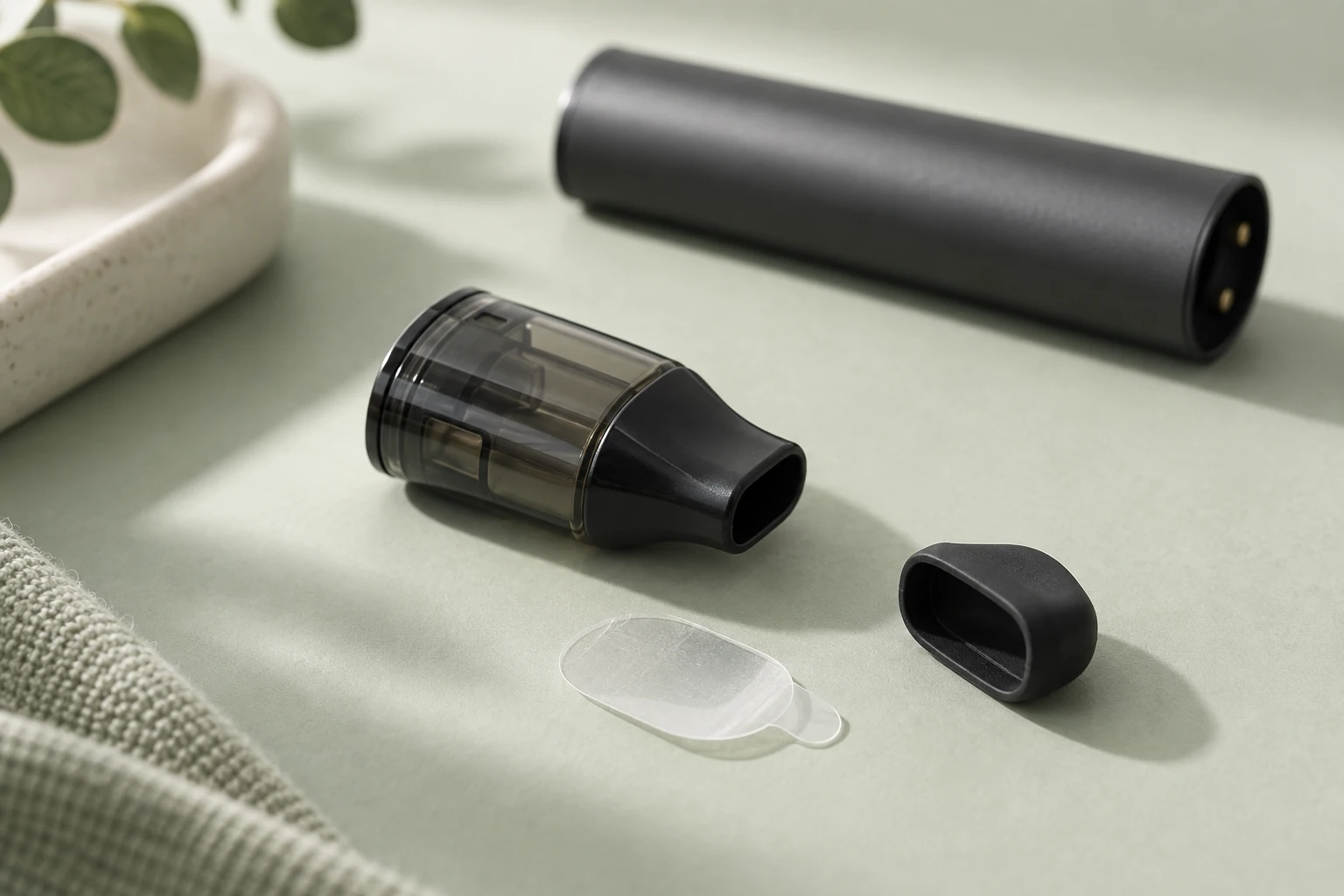 Symbolmodell eines vorgefüllten Pods neben einer separat abgelegten Silikonkappe und Schutzfolie