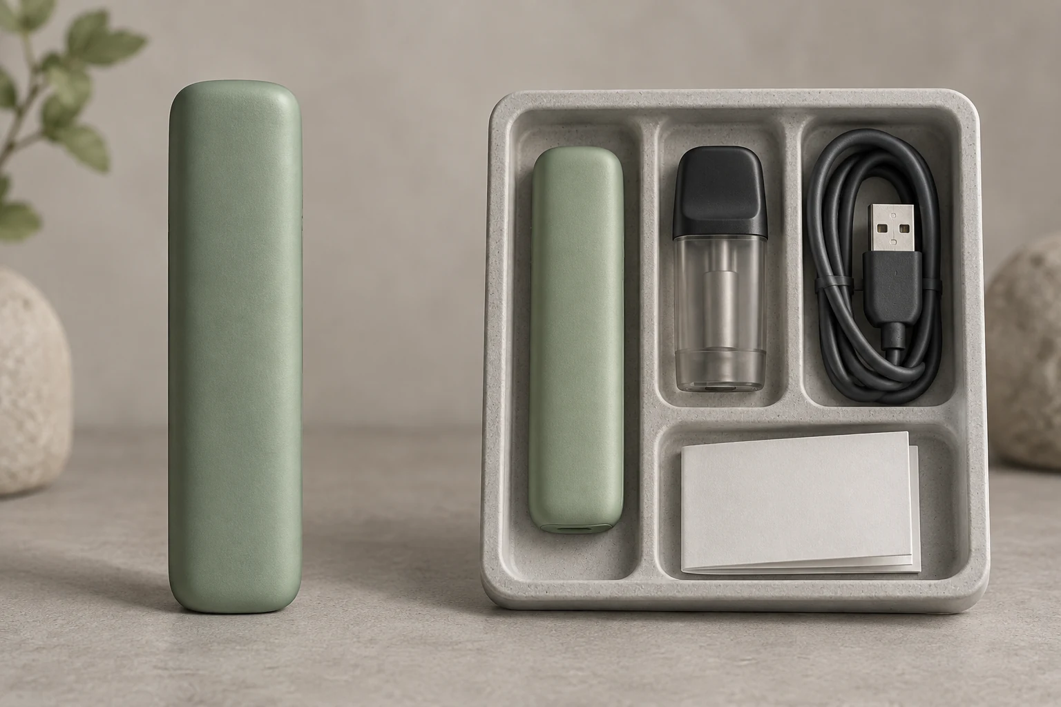 Abstraktes Basisgerät neben einer Fächerschale mit symbolischem Gerät, Pod, USB-Kabel und Beilage